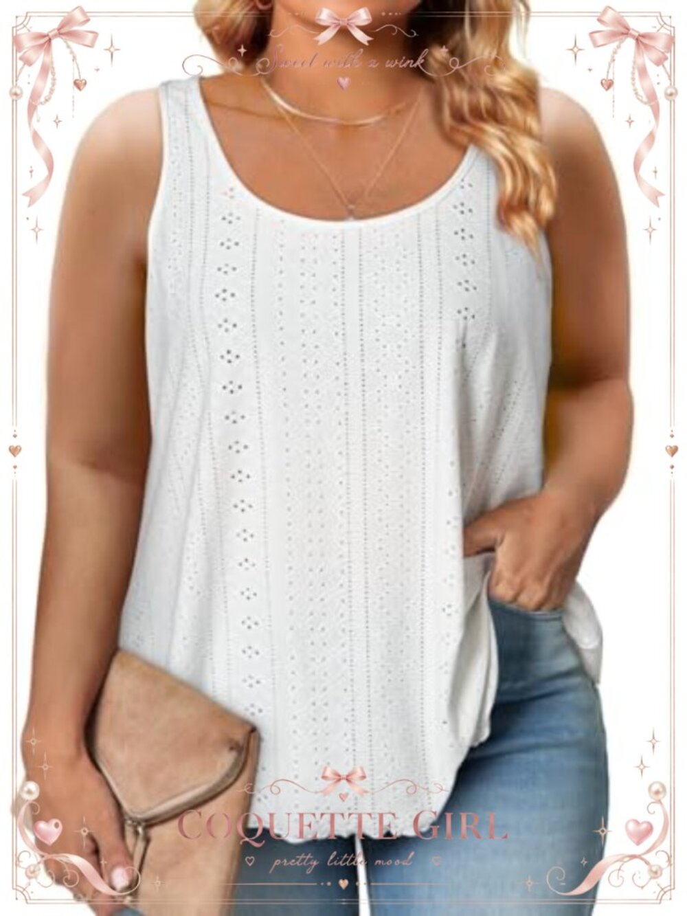 Plus Size Eyelet Embroidery Sleeveless Tank Top Loose Fit Scoop Neck Summer Cami